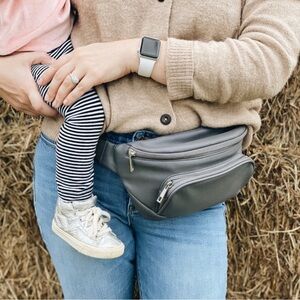 Kibou Premium Dark Gray Vegan Leather Fanny Pack Diaper Bag with changing pad .